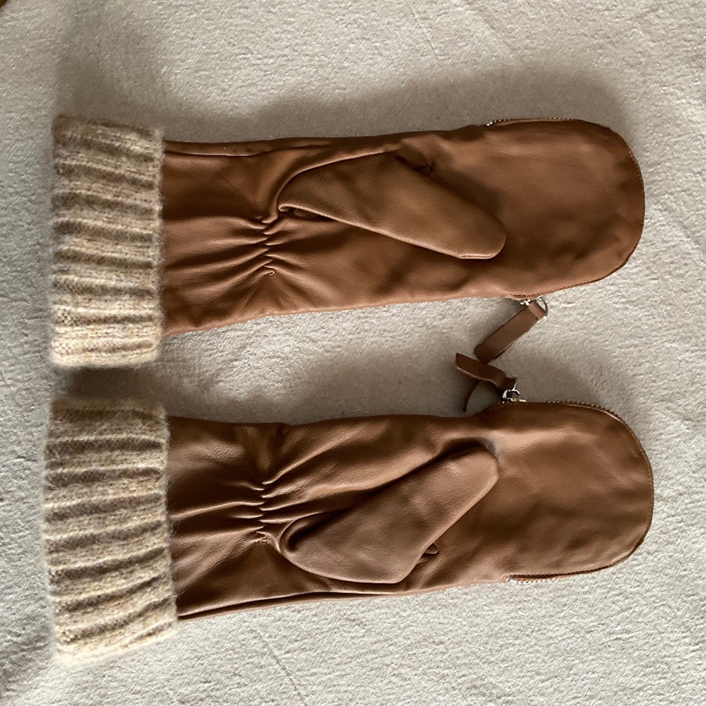 Brown leather zipper mittens by Anthropolgie